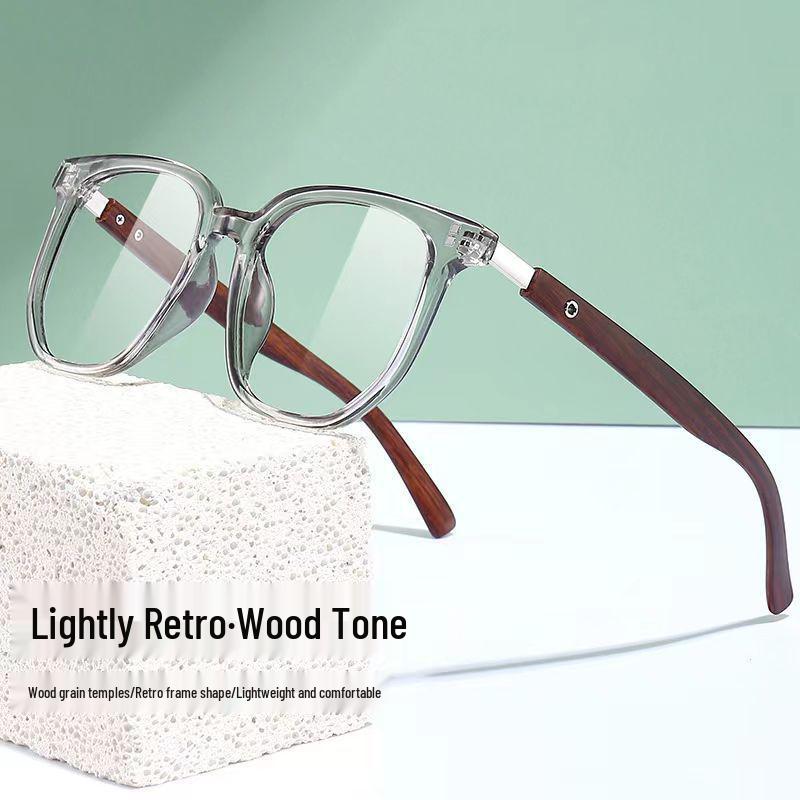 High-End Retro Anti-Blue Light Glasses with Wood Grain Legs and Myopia Plano Lenses