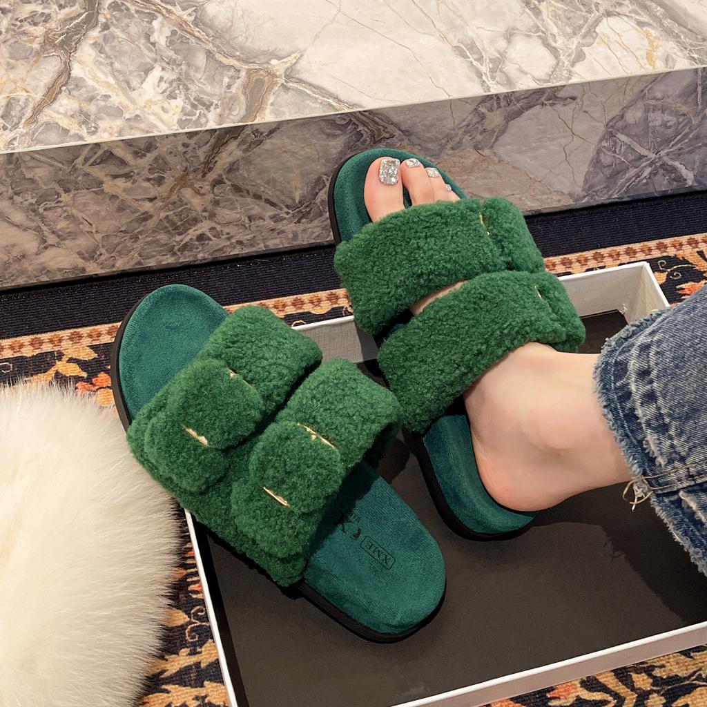 Thick-soled French Simple Open-toed Fluffy Slippers, New Women's Shoes In Autumn and Winter 2025, Wearing Versatile Cotton Slippers for Women