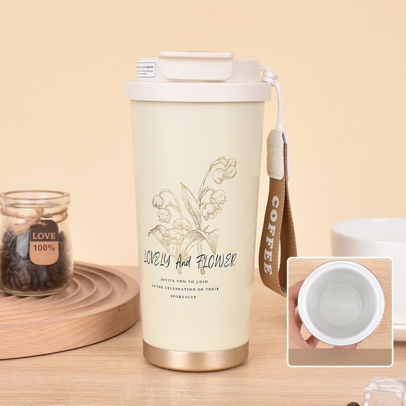 Nová módní nerezová termoska s vysokým vzhledem, dvojitý nápojový šálek na kávu Convallaria s lanem
