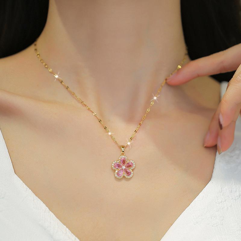 Quality Zircon Flower Pendant Choker Necklace And Earrings Set Stainless Steel Chains Bridal Wedding Prom Fashion Jewelry