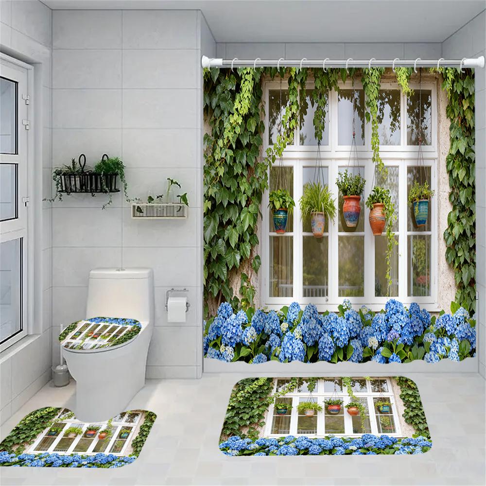 1/4 Forest Waterfall Print Shower Curtains, Toilet Seat Decoration, Shower Curtain with Carpet and Toilet Lid, 70.8x70.8 Inch