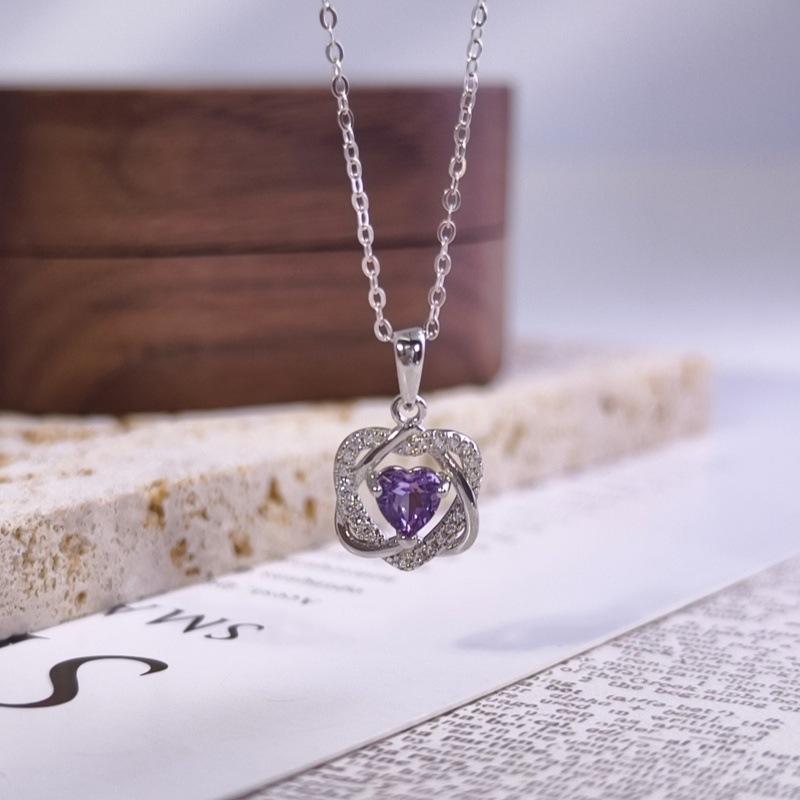 Women's S925 Sterling Silver Double Heart Necklace Natural Crystal Garnet Peridot Clavicle Chain