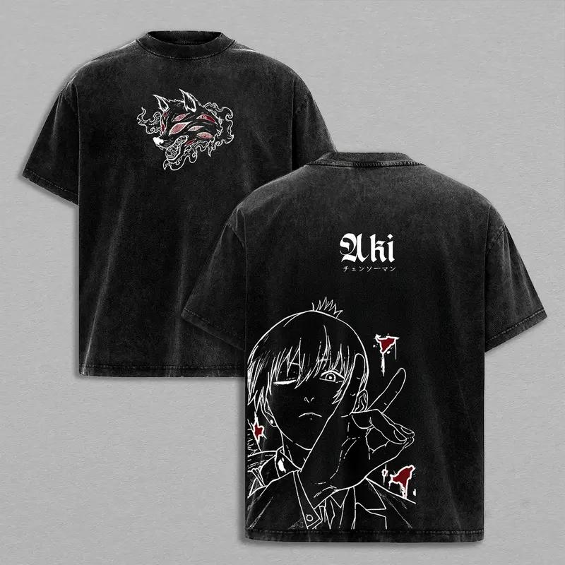 Anime Chainsaw Man Hayakawa Aki Printed Tee Men Short Sleeve Cotton Tshirts Vintage Washed T-shirt Harajuku Oversized T Shirt