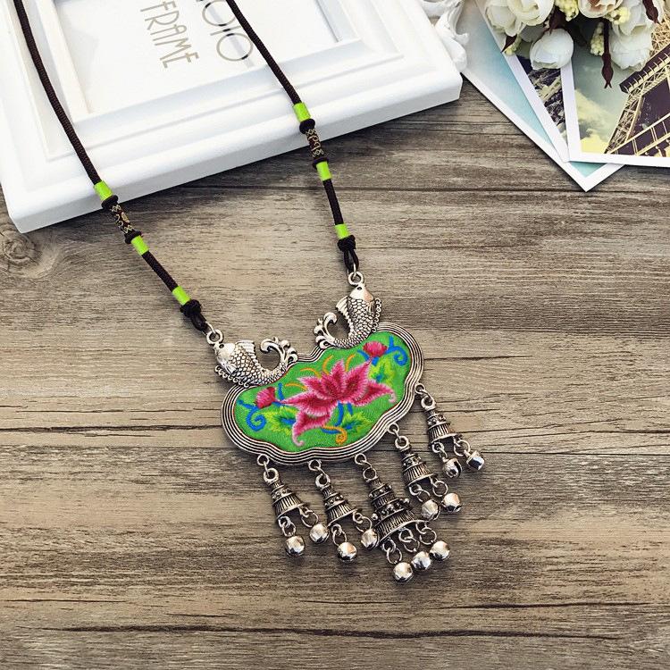Retro Long Fashion Classical Embroidery Fringed Necklace Temperament Wind Chimes Pendant Miao Sweater Chain Accessories