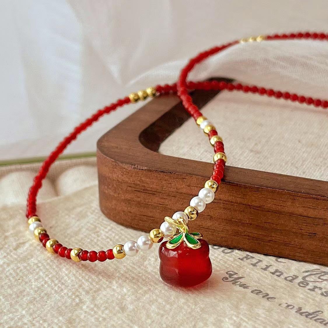 Retro High Quality Natural Pigeon Blood Red Chalcedony Collarbone Chain Small Persimmon Pendant Necklace 2M Agate