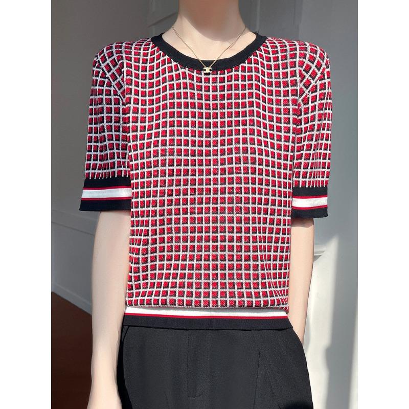 

Женская летняя футболка с коротким рукавом из чистого хлопка, вязаная, модная и универсальная, в мелкую клетку, удобная базовая футболка-топ XXL красный