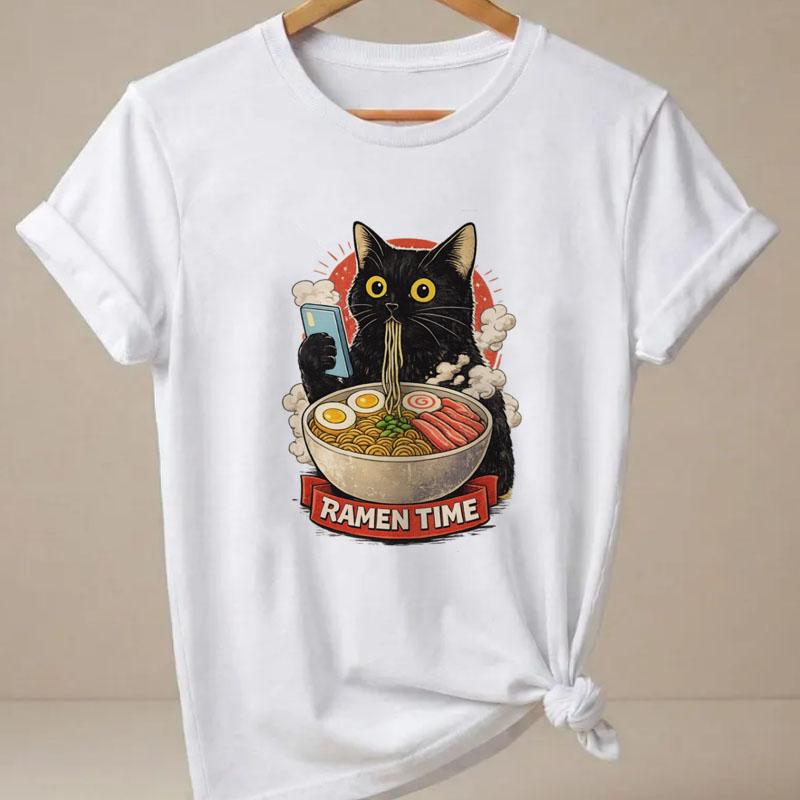 RaUnisex Cat TShirt Unisex Funny Short Sleeve Graphic T Shirts Japanese Cat Printed Kitty Tops Summer Round Neck Cat Lover Tees