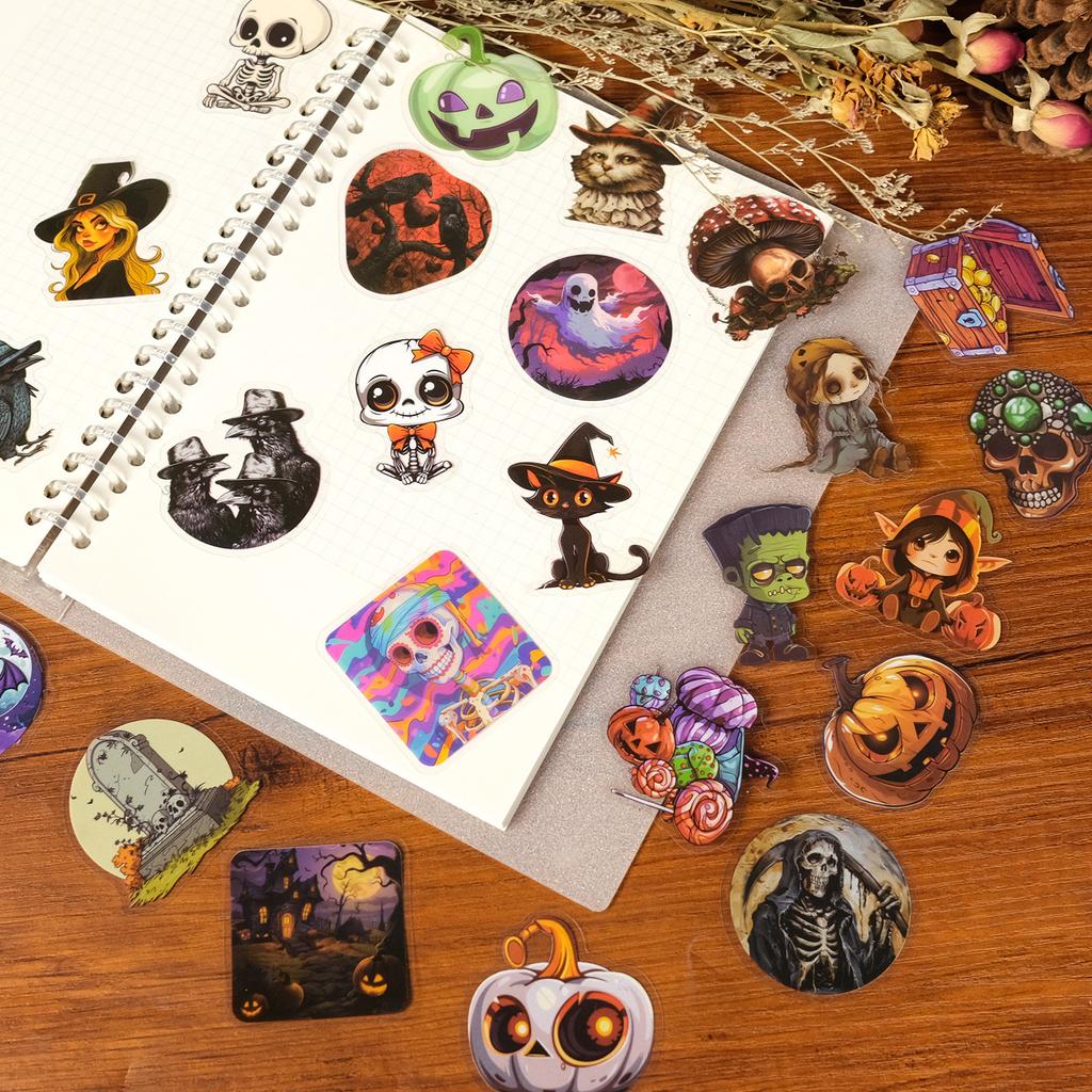 50pcs PET Halloween stickers, featuring cartoon ghosts, black cats, waterproof witches designs for holiday parties gifts for kid