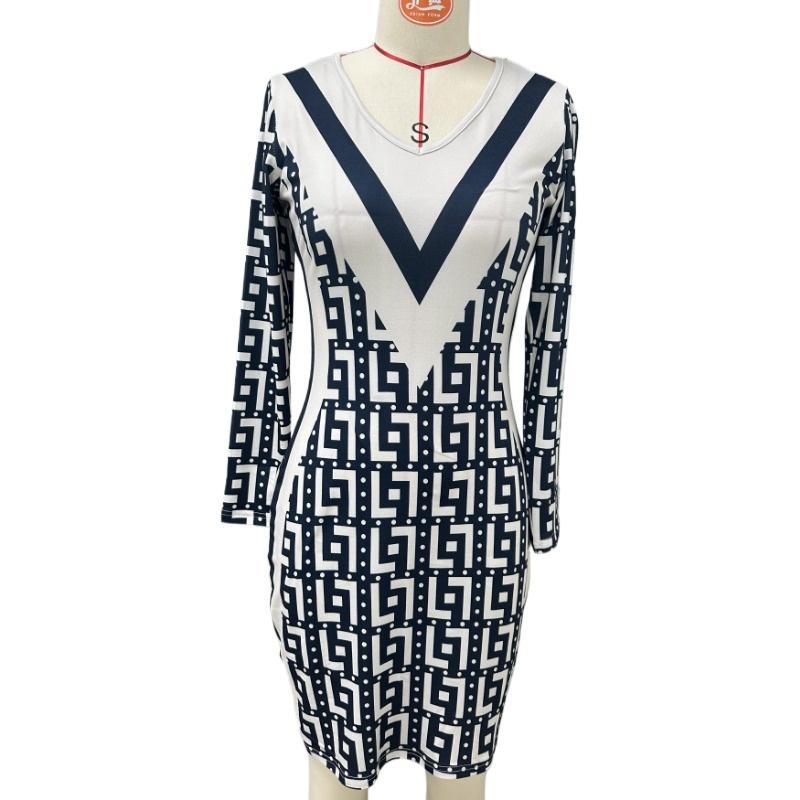 GMXIA Women's Fashion Geometric Pattern Wrap Hip 3/4 Sleeves Dresses