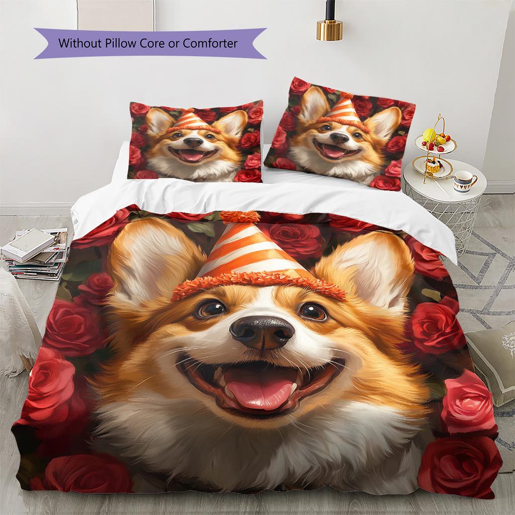 Dog with Birthday Hat Pattern Bedding Quilt Set Home Decoration Gift (1 * duvet cover + 2 * pillowcase without core)