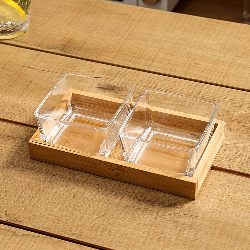 Partitioned Glass Serving Dish with Bamboo Stand