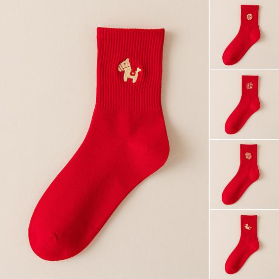 Chinesische Neujahrssocken Bestickte Chinesische Tierkreiszeichen Jahr des Pferdes Socken Baumwolle Rot Glückssocken für Hochzeiten Frauen Männer Geburtsjahr Geschenke