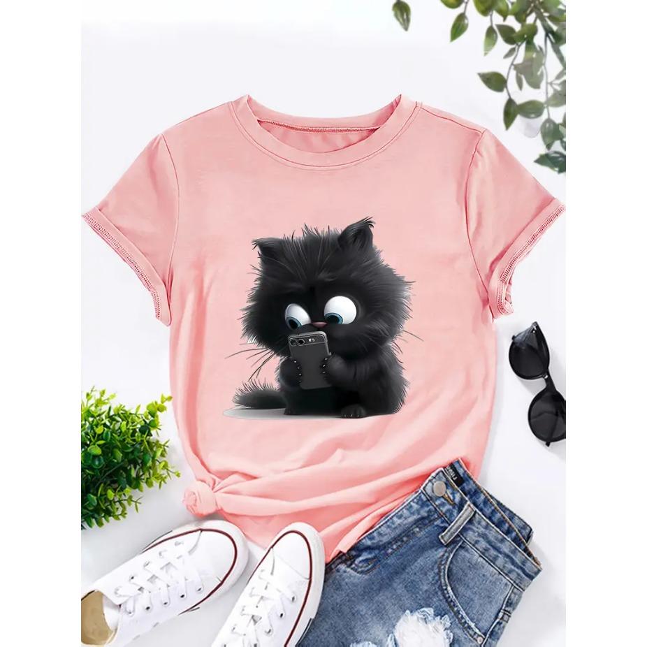 Cat Cartoon 3D Print Round Neck Short Sleeved T-shirt for Women Breathable Polyester Stretch Comfortable for Everyday