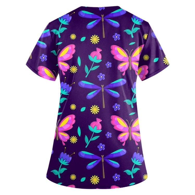 Fashion Butterfly Print V Neck Work Tops With Pockets Short Sleeve Women