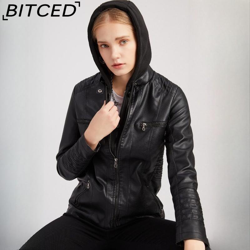 BITCED Hooded Leather Jacket Two-Piece Set with Detachable Lining Plus Size Leather Jacket for Women Spring/Autumn Outerwear