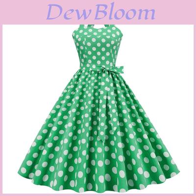 Vintage Polka Dot Cotton Dress With Tie Back And Offshoulder Design For Women