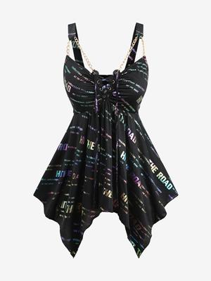 Rosegal Nadměrná velikost Ombre Třpytivý Potisk Písmen Šněrovací Řetízkový Bez zad Asymetrický Top s kapesníčkovým cípem