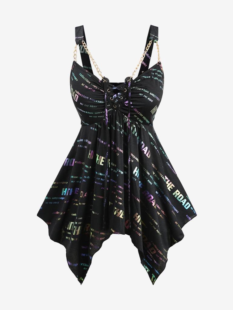 Rosegal  Plus Size Ombre Glitter Letters Print Lace Up Chain Backless Handkerchief Asymmetric Tank Top