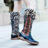 Johnature Genuine Leather Patchwork Printed Long Boots Fashion Versatile Leopard Print Fur Collar Women Shoes