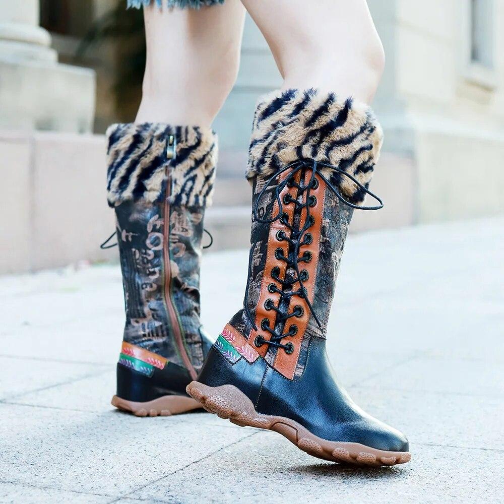 Johnature Genuine Leather Patchwork Printed Long Boots Fashion Versatile Leopard Print Fur Collar Women Shoes