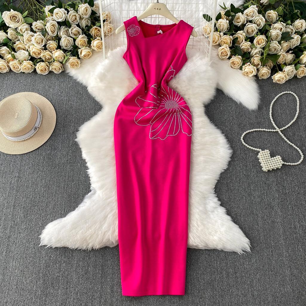 Dinner Party Dress Women's Summer High Sense Hot Diamond Flower V-Neck Sleeveless Slim Skinny Split Dress