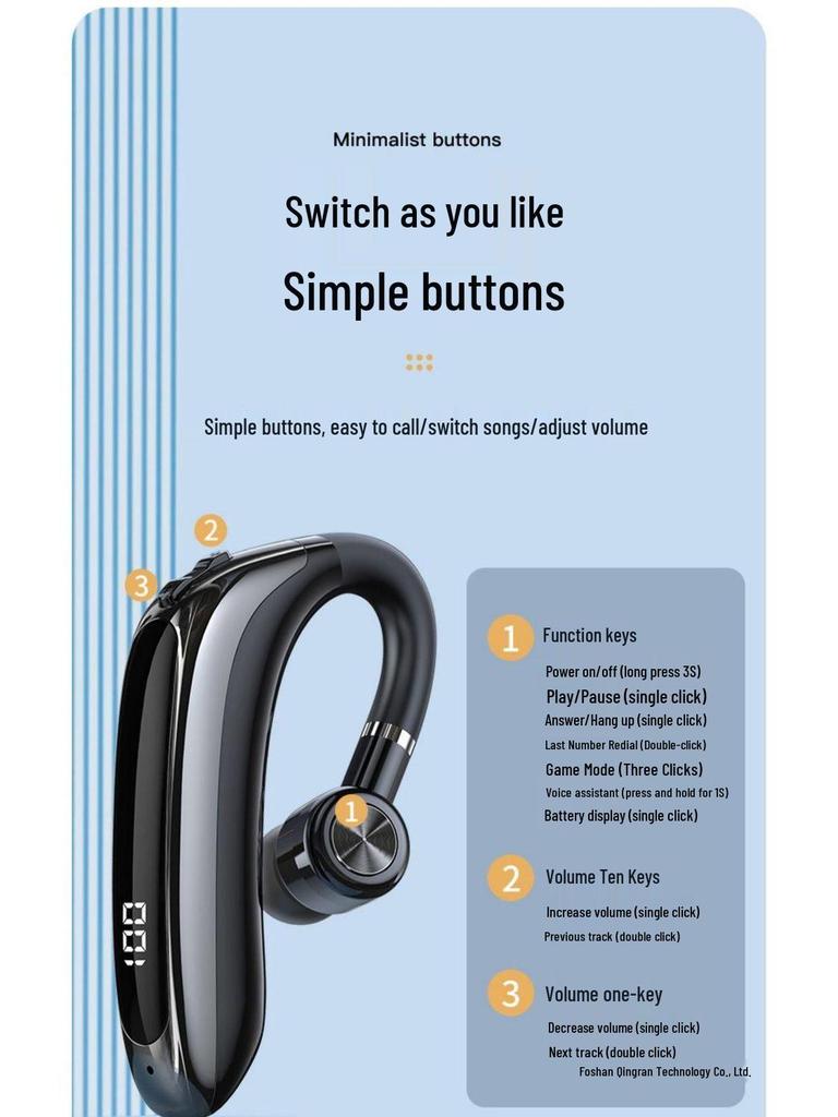 Bluetooth Over-Ear Headphones with Ultra-Long Battery Life & High-Quality Sound, Suitable for Driving, Wearable on Either Ear