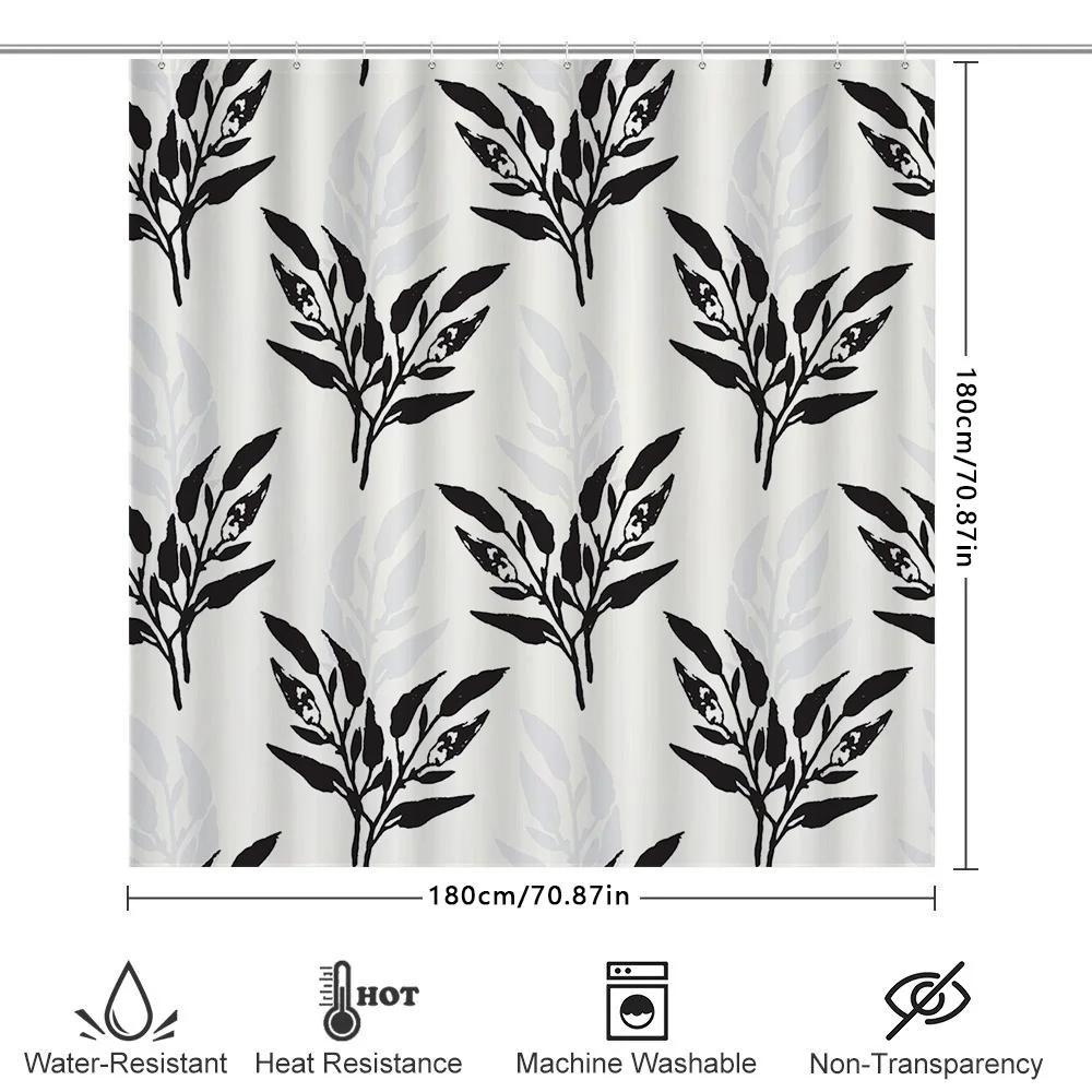 White Bath Mat Black And White Floral Pattern Shower Curtain Polyester Waterproof Home Decor
