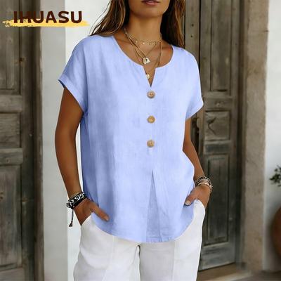 Women's Fashion Casual Solid Color Print Short Sleeve V Neck Blouses & Shirts