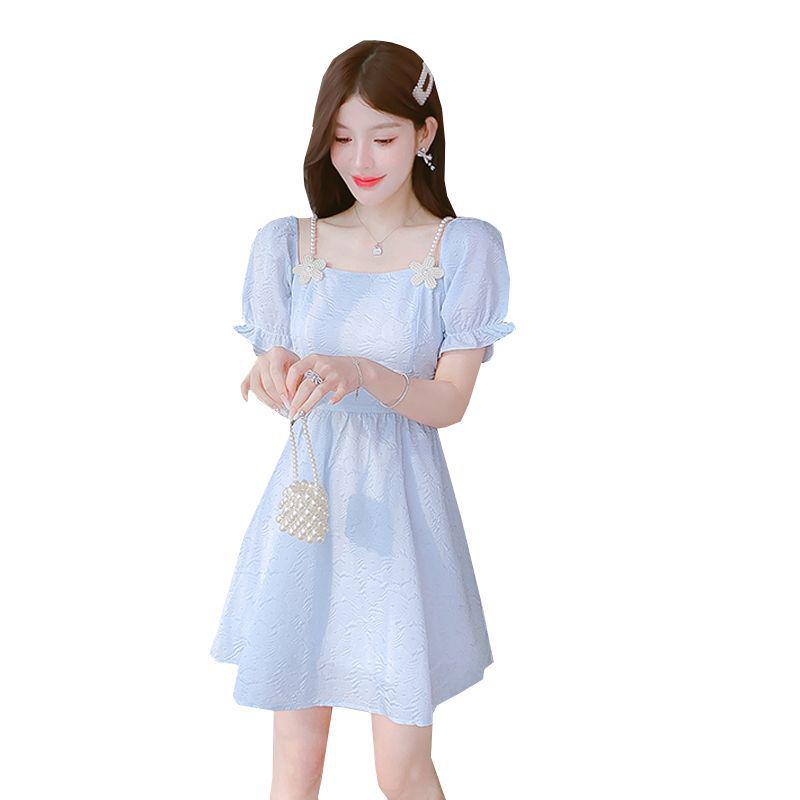 Women's Elegant French Style Puff Sleeve Slimming Short Dress - Summer 2025