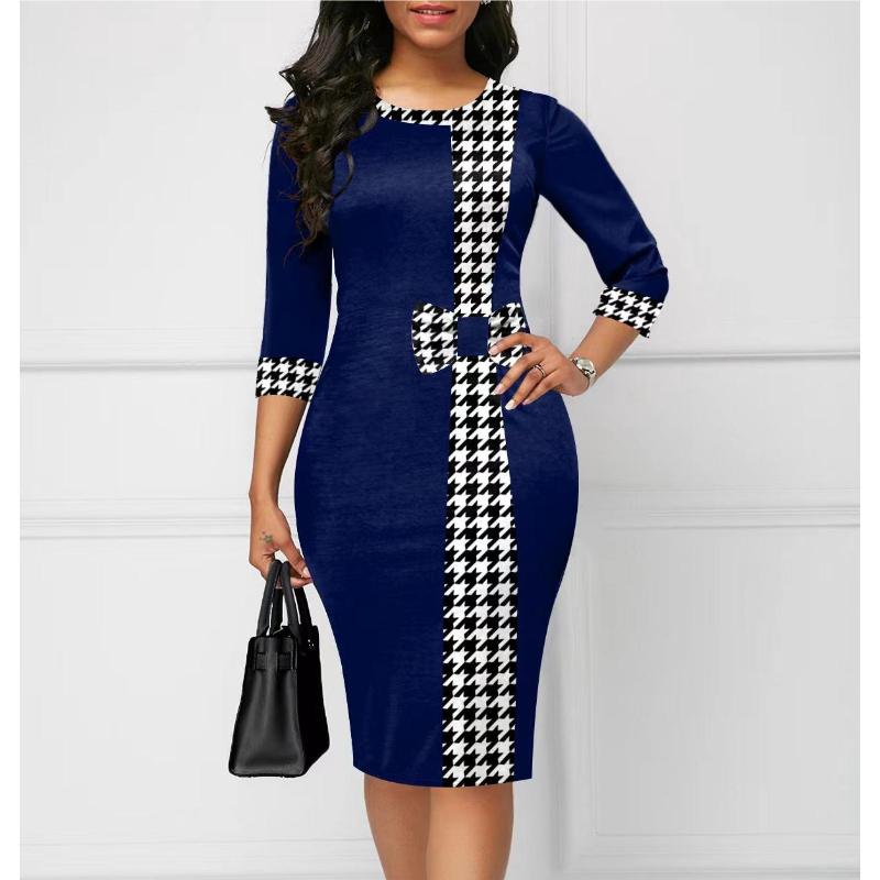 

European & American Elegant Puzzle Print Three-Quarter Sleeve Dress 3XL синій