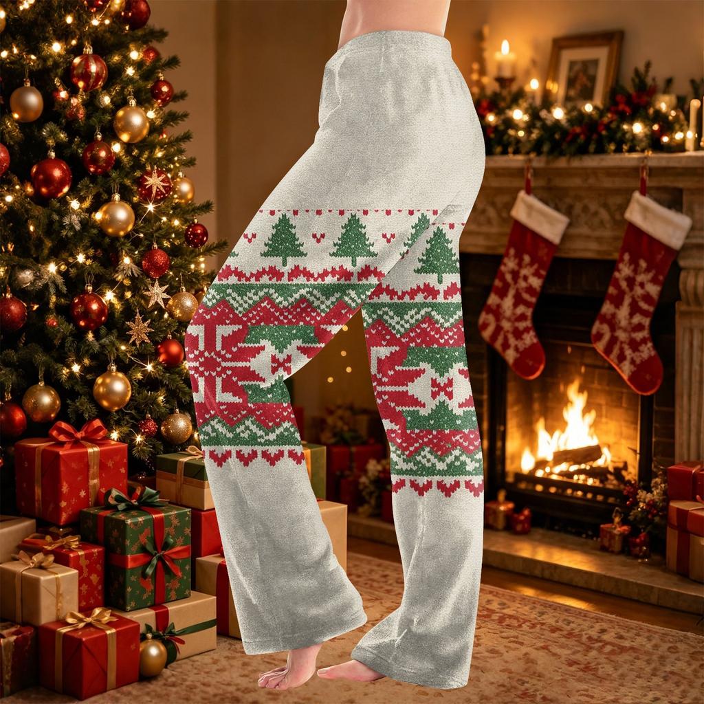 Women's Christmas Print Pants Casual Plush Pajama Bottoms for Holiday Lounging