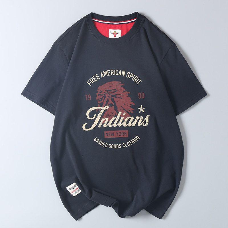 Export Surplus Cotton Brushed Indian Vintage Print Short-Sleeve T-Shirt Men's Trendy Brand Round Neck Base Shirt