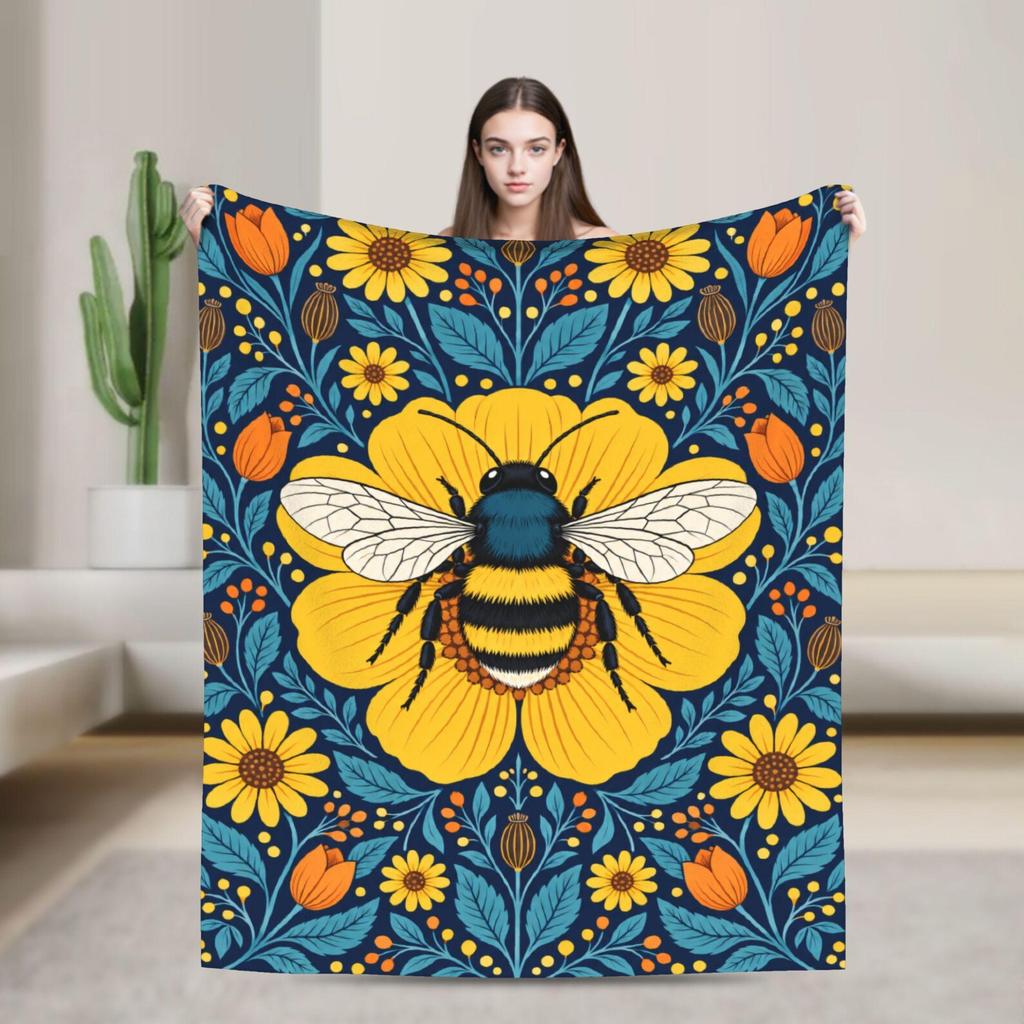 Bumblebee Blanket, Vintage Floral Throw Blanket, Sunflower Bee Decor, Unique Nature Lover Gift