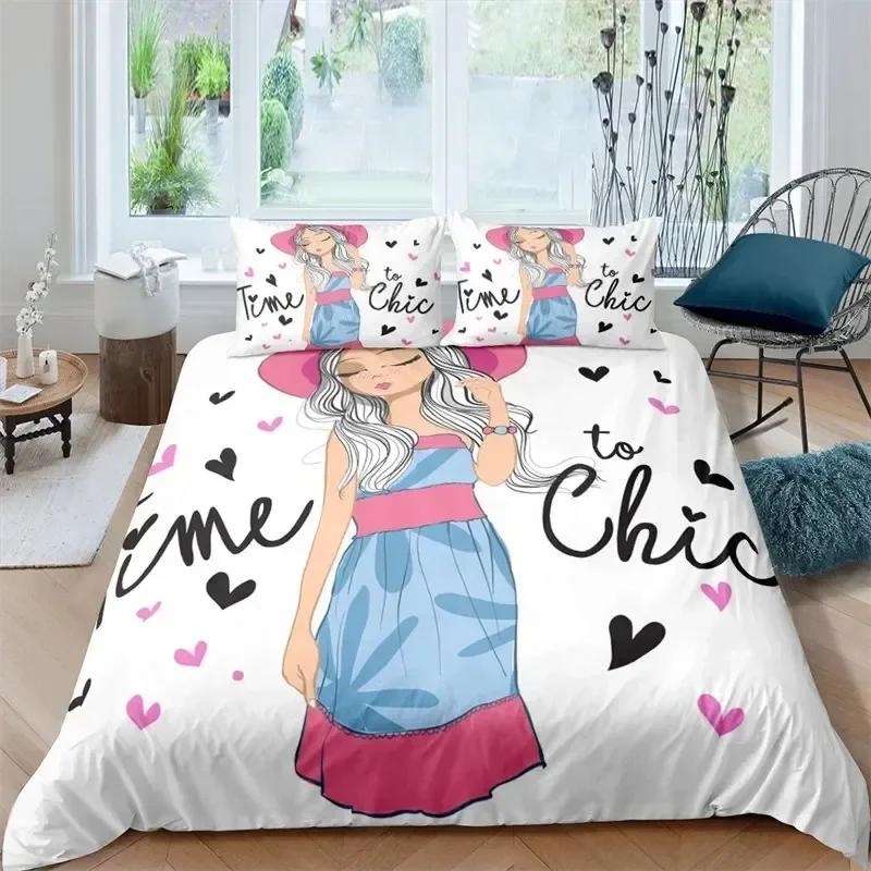 Musical Girl King Queen Duvet Cover Modern Fashion Girly Bedding Set for Kids Teens Adults Cartoon Hip Hop style Quilt Cover