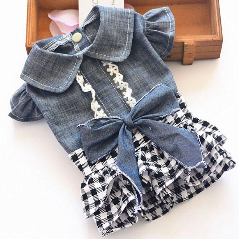 Cute With Bowknot Dog Denim Dress For Small Dogs Pet Apparel Summer Teddy Party Costume
