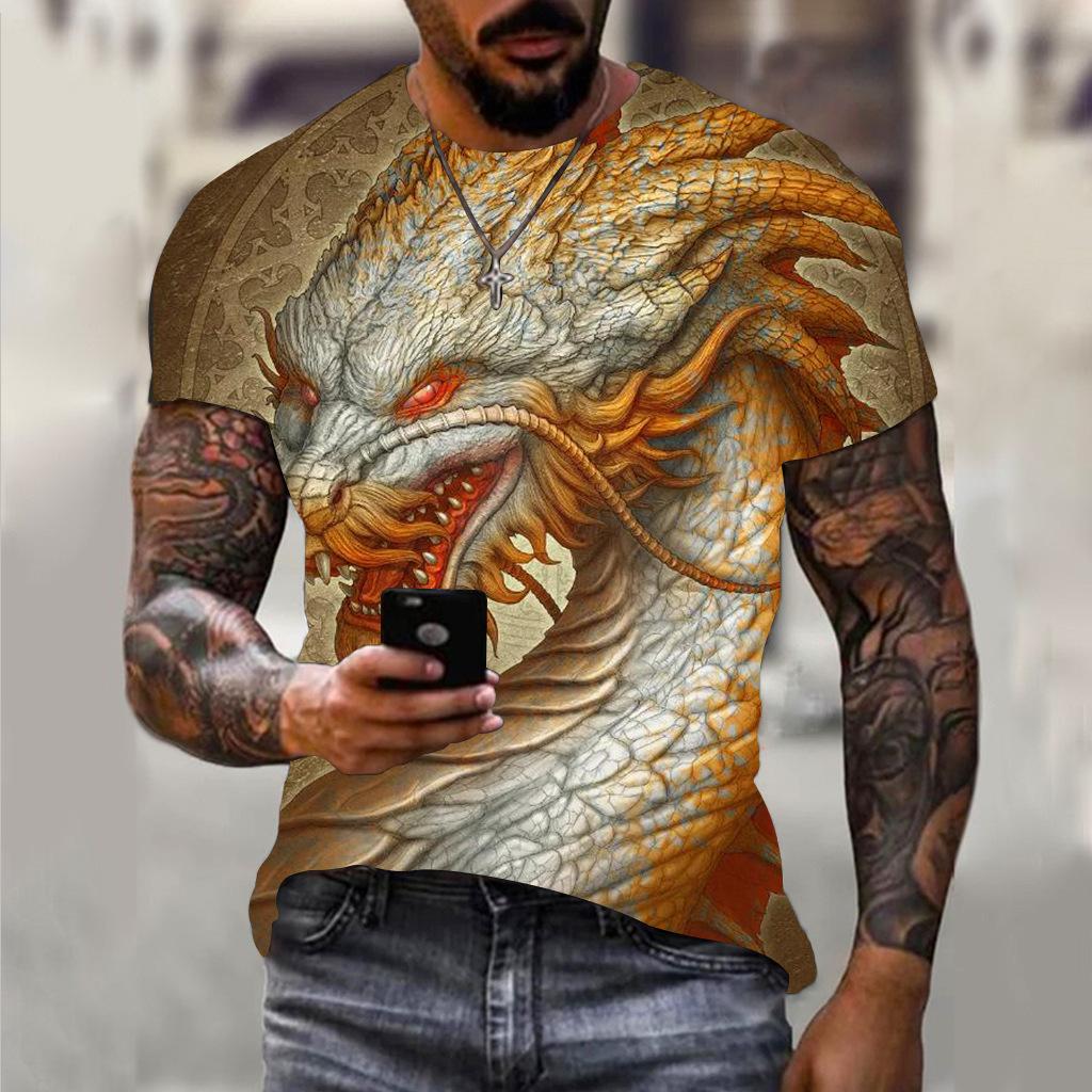 Summer Round Neck 3D Dragon Print Top Fashionable Casual Short Sleeved Men's T-shirts