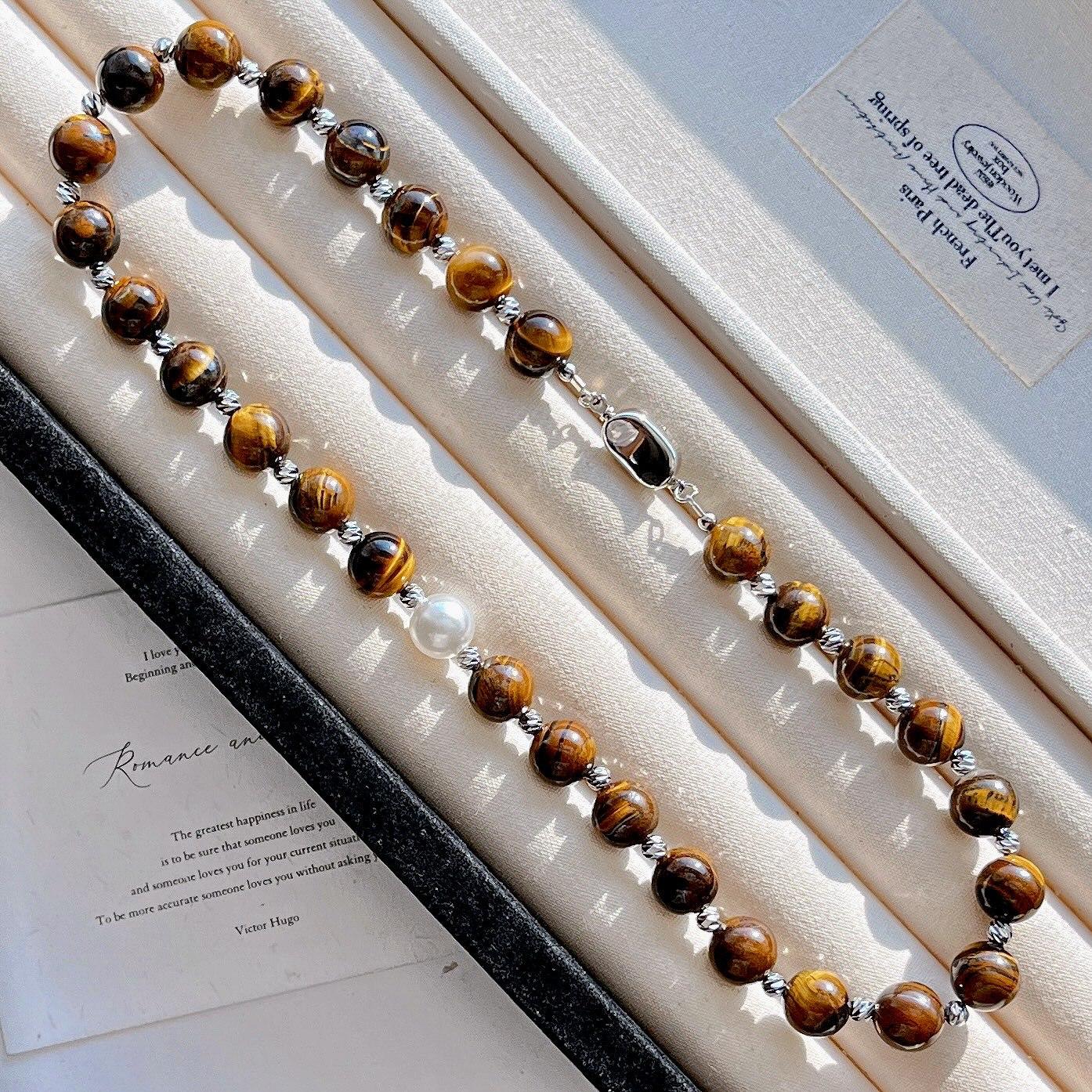 

10Mm Maillard Boutique Natural Tiger S Eye Design Sweater Chain Necklace Clavicle Chain