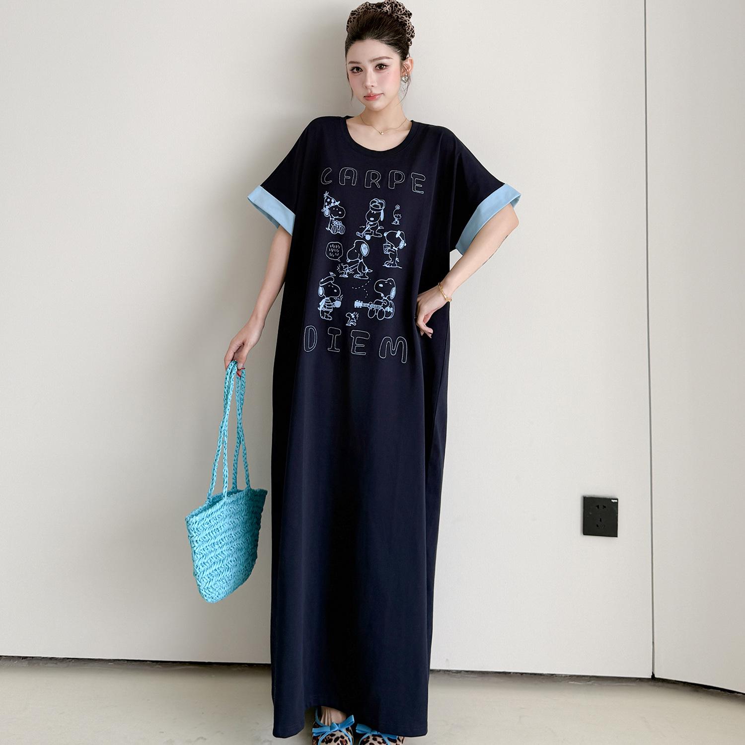 

New Style 2026 Summer Printed Short-Sleeve Loose Fit Long Dress 2XL темно-синий
