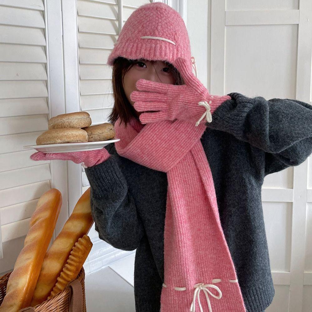 Cute Wool Bowknot Scarf Warm Winter Gloves Fashion Bow Drawstring Hat  Streetwear