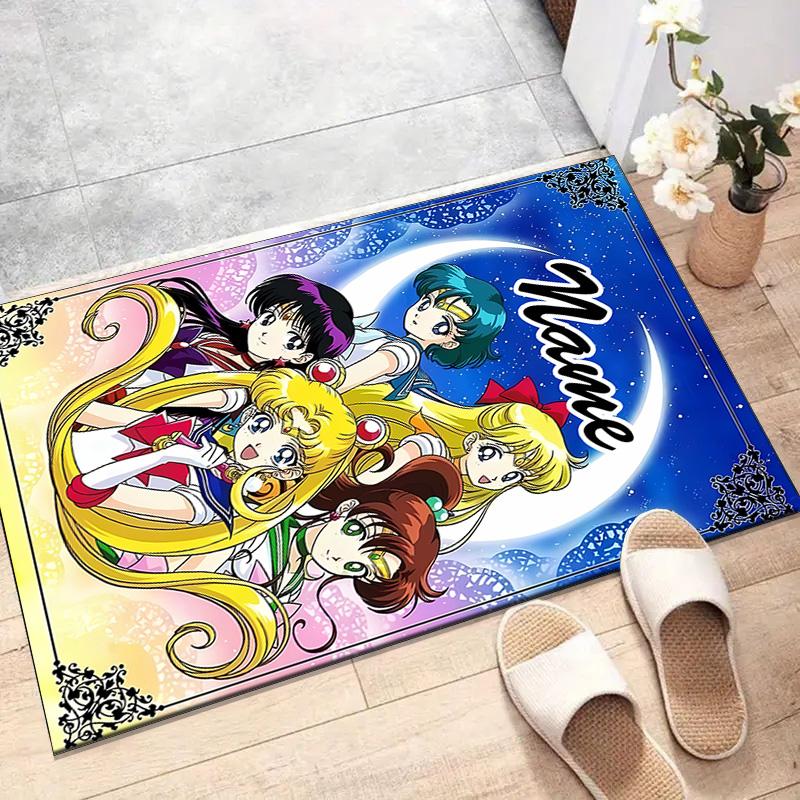 Custom Sailor Moon Mat Personalized Name, Polyester Washable Indoor Entryway Rug, Gift for Christmas, Easter, Thanksgiving Day