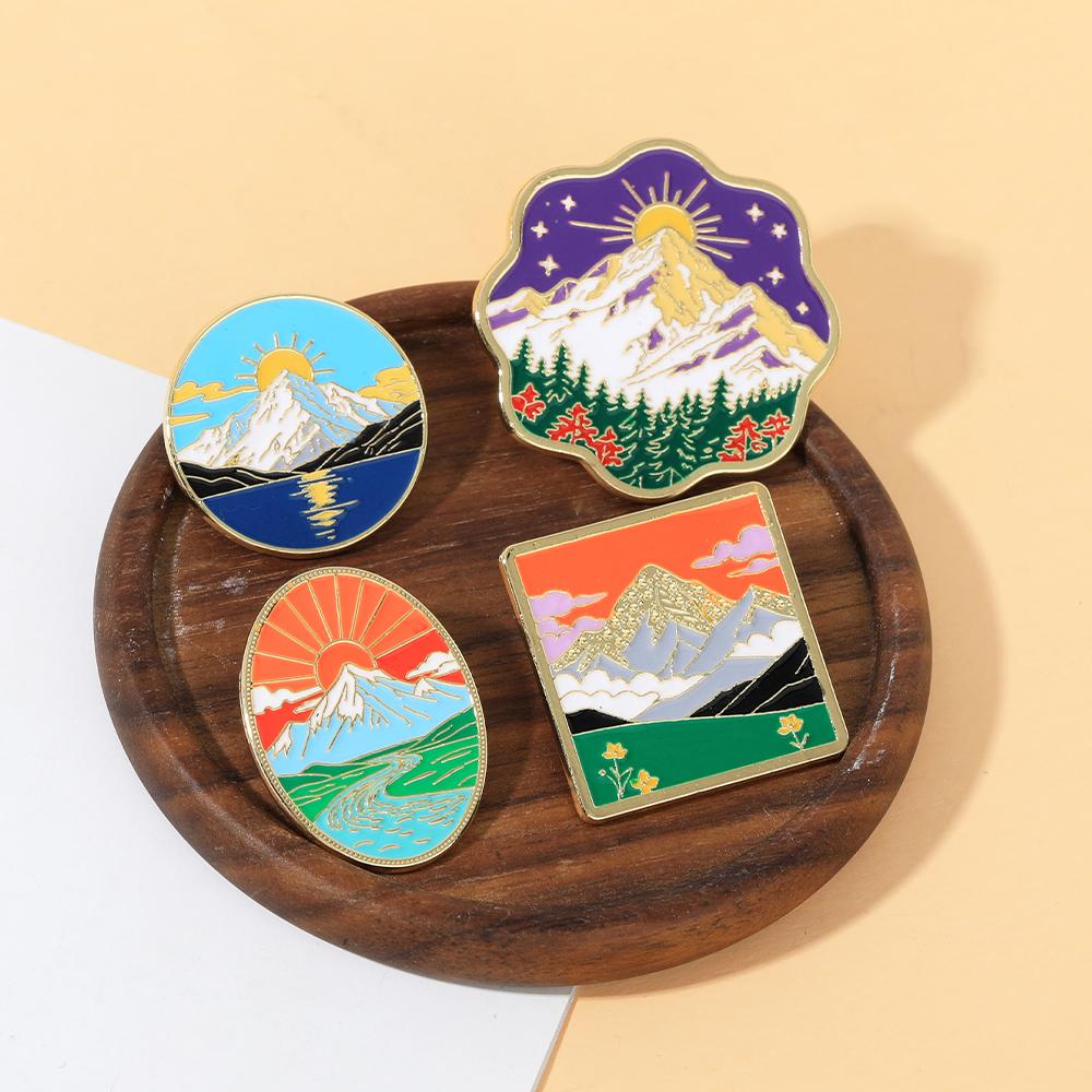Funny Outdoor Sunrise Design Enamel Brooches Forest, River, Grassland, Ocean Sunshine Pattern Golden Pins