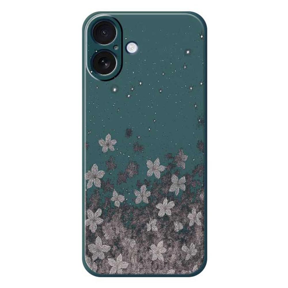 

For iPhone 17 Case Grey Flowers Pattern Printing Straight Edge TPU Phone Back Cover Green