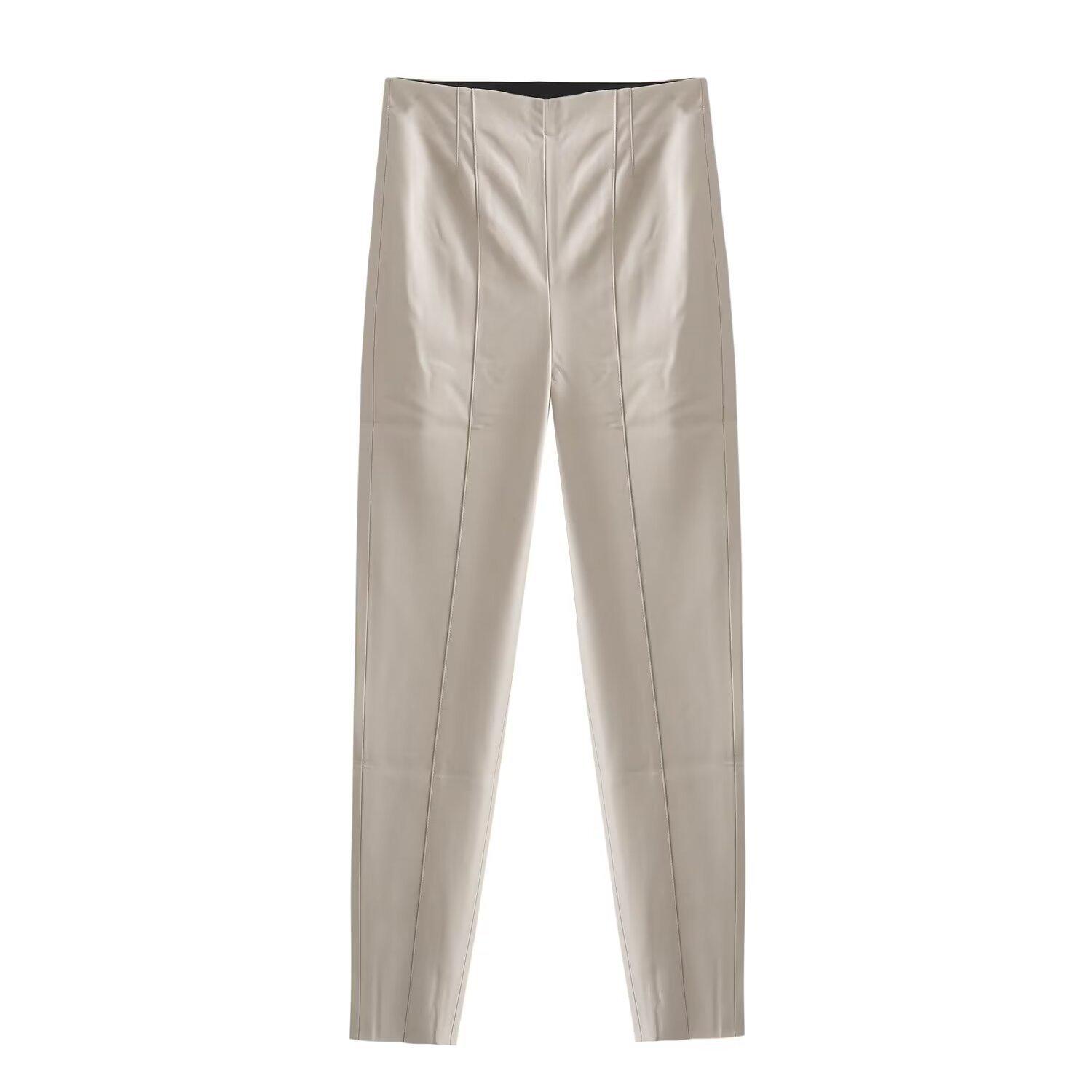 Retro Women s Slim Fit High Waist Faux Leather Pants Medium бежевый