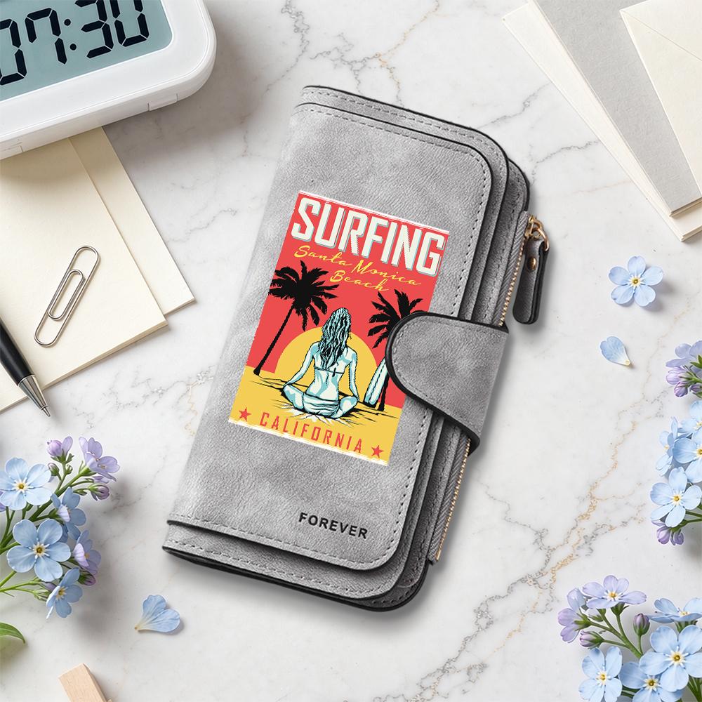 Surfing Pattern Multi Card Long Wallet Fashion Casual Portable Zipper Purse for Daily Use