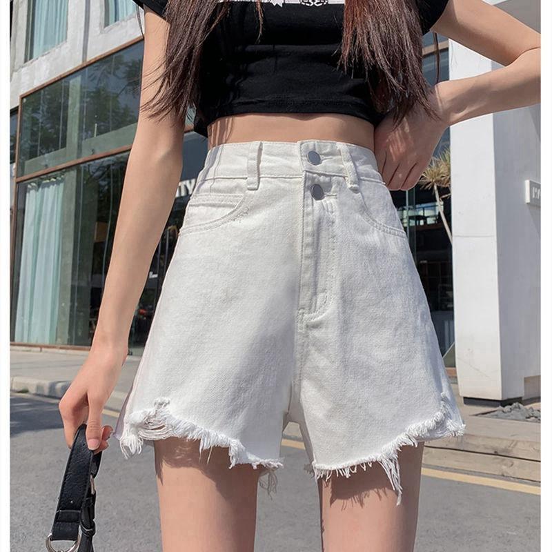 Classic and Minimalist Fashion Versatile Female Summer High-waisted Broken Holes Thin Loose Wide-legged A-line Denim Shorts Individuality Trendiness