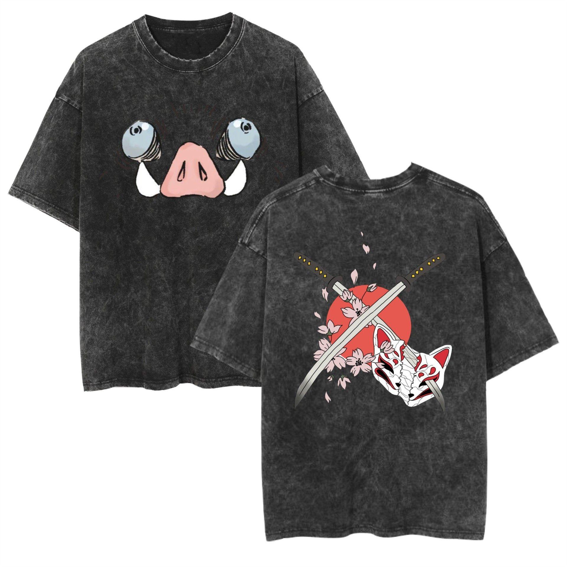 

Ghost Slayer Retro Washed Anime Short Sleeve T-shirt with Printed Pattern for Daily Comfort S
