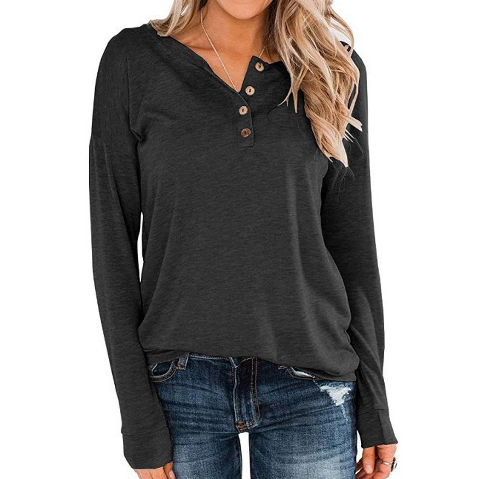 

Женский повседневный и модный однотонный пуловер с длинным рукавом и круглым вырезом, топ на пуговицах M чёрный