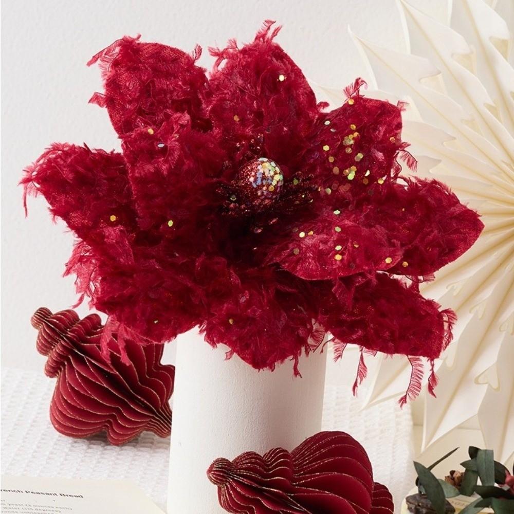 22CM Wine Red Artificial Poinsettia Flower Sequins Simulation Flowers  Christmas Decoration