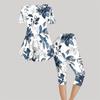 Women Plus Size Round Neck Short Sleeve Blue Floral Printed Flared Top And Capri Pants Two Piece Pajama Set
