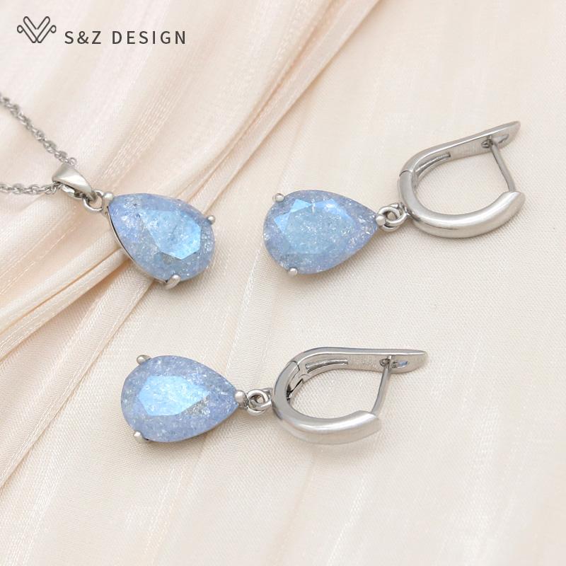 Moda kropla wody kryształowe zestawy biżuterii kolczyki w kolorze różowego złota dla kobiet modny wisiorek naszyjnik prezent